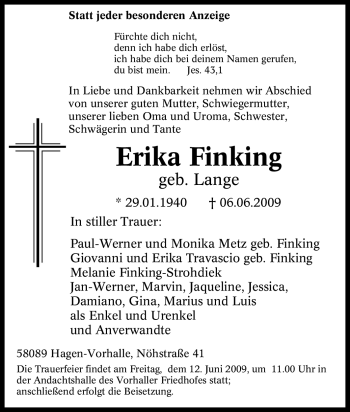 Traueranzeige von Erika Finking von Tageszeitung