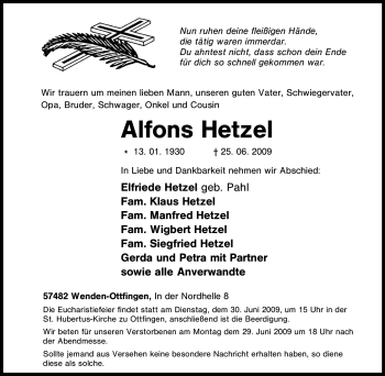 Traueranzeige von Alfons Hetzel von Tageszeitung