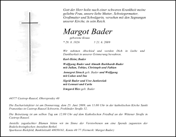 Traueranzeige von Margot Bader von Tageszeitung
