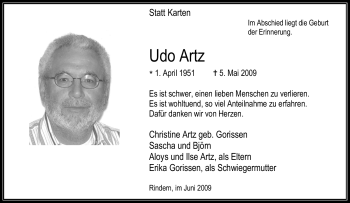 Traueranzeige von Udo Artz von Tageszeitung