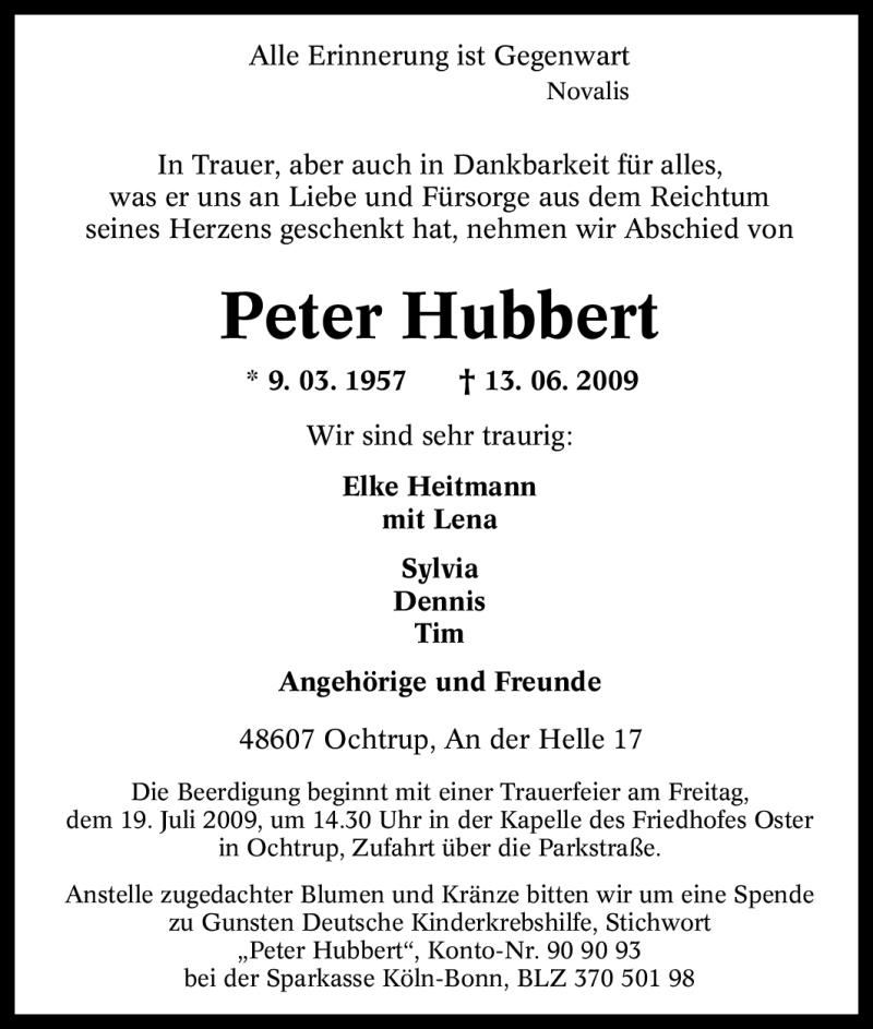  Traueranzeige für Peter Hubbert vom 17.06.2009 aus Tageszeitung