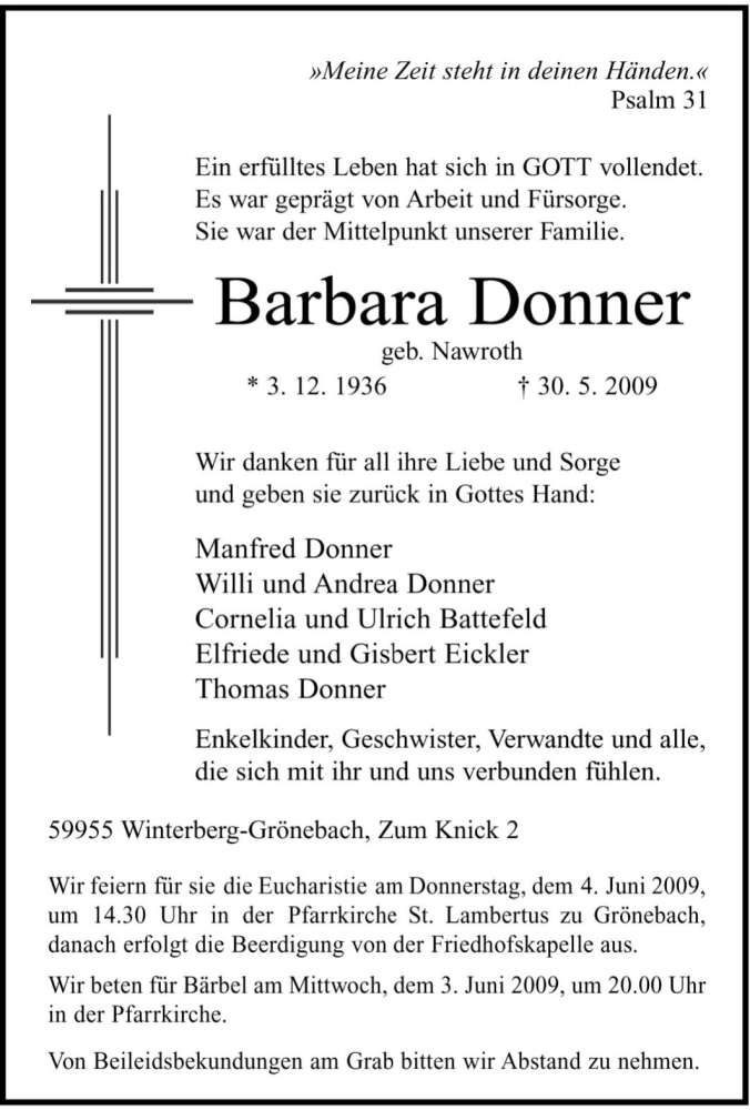  Traueranzeige für Barbara Donner vom 02.06.2009 aus Tageszeitung