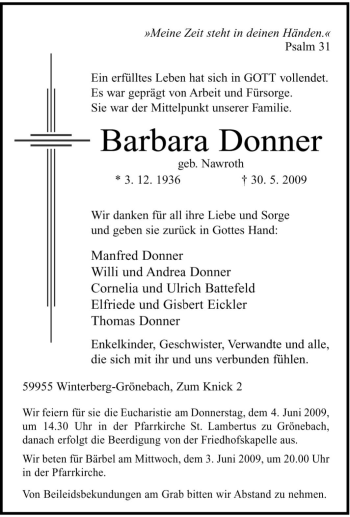 Traueranzeige von Barbara Donner von Tageszeitung
