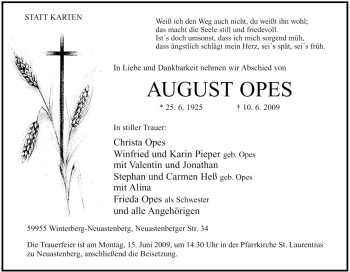 Traueranzeige von August Opes von Tageszeitung