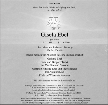 Traueranzeige von Gisela Ebel von Tageszeitung