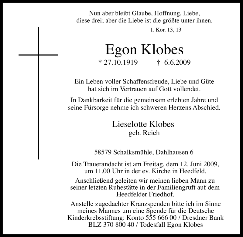  Traueranzeige für Egon Klobes vom 09.06.2009 aus Tageszeitung