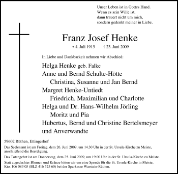 Traueranzeige von Franz Josef Henke von Tageszeitung