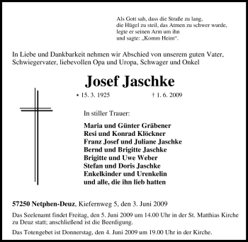 Traueranzeige von Josef Jaschke von Tageszeitung