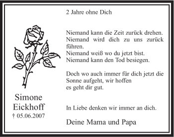 Traueranzeige von Simone Eickhoff von Tageszeitung