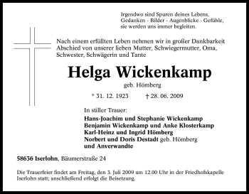Traueranzeige von Helga Wickenkamp von Tageszeitung