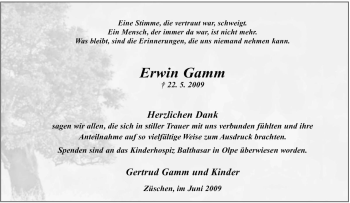Traueranzeige von Erwin Gamm von Tageszeitung