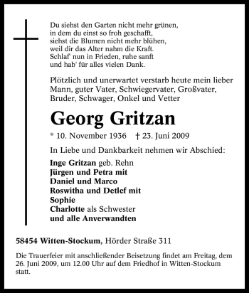 Traueranzeige von Georg Gritzan von Tageszeitung