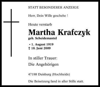 Traueranzeige von Martha Krafczyk von Tageszeitung