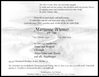 Traueranzeige von Marianne Wiemer von Tageszeitung