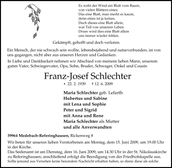 Traueranzeige von Franz-Josef Schlechter von Tageszeitung
