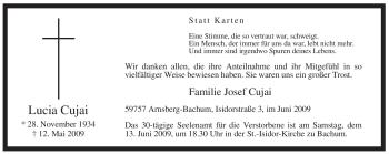 Traueranzeige von Lucia Cujai von Tageszeitung