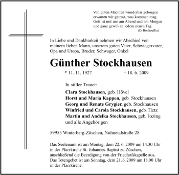 Traueranzeige von Günther Stockhausen von Tageszeitung