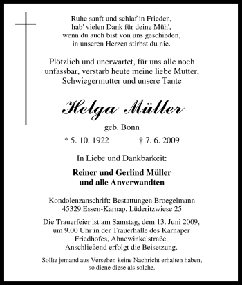 Traueranzeige von Helga Müller von Tageszeitung