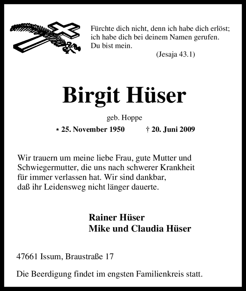  Traueranzeige für Birgit Hüser vom 24.06.2009 aus Tageszeitung