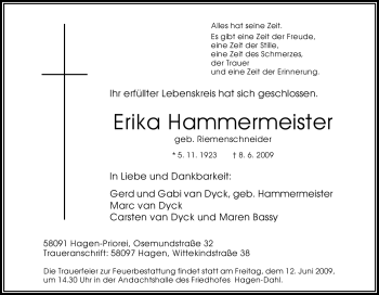 Traueranzeige von Erika Hammermeister von Tageszeitung