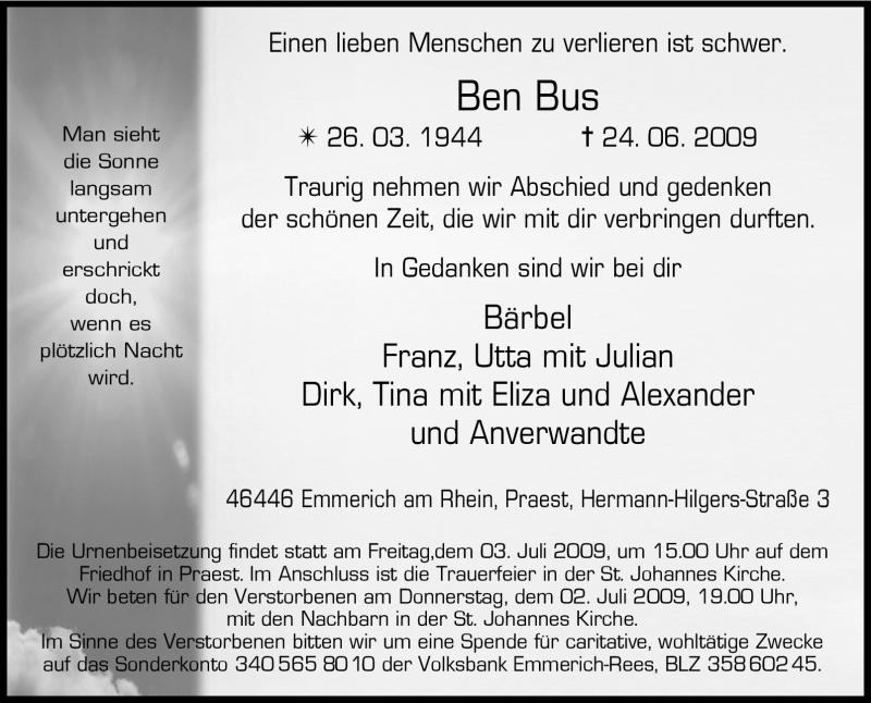  Traueranzeige für Ben Bus vom 30.06.2009 aus Tageszeitung