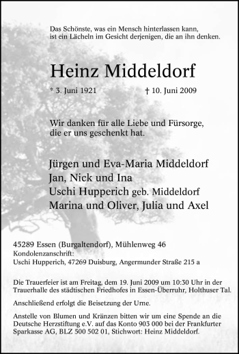 Traueranzeige von Heinz Middeldorf von Tageszeitung