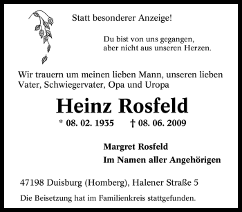 Traueranzeige von Heinz Rosfeld von Tageszeitung