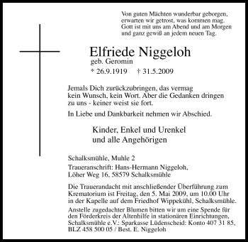 Traueranzeige von Elfriede Niggeloh von Tageszeitung