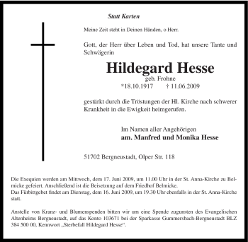 Traueranzeige von Hildegard Hesse von Tageszeitung