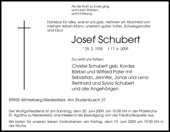 Traueranzeige von Josef Schubert von Tageszeitung