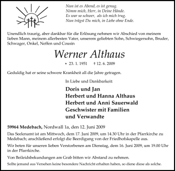 Traueranzeige von Werner Althaus von Tageszeitung