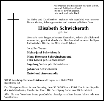Traueranzeige von Elisabeth Schwickerath von Tageszeitung