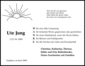Traueranzeige von Ute Jung von Tageszeitung