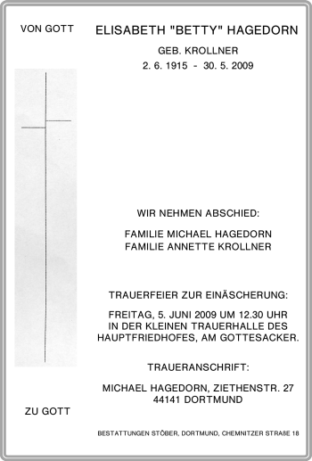 Traueranzeige von Elisabeth Hagedorn von Tageszeitung