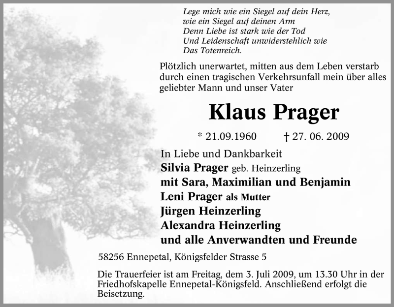  Traueranzeige für Klaus Prager vom 30.06.2009 aus Tageszeitung