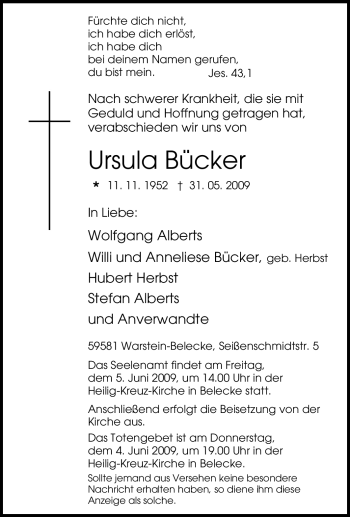 Traueranzeige von Ursula Bücker von Tageszeitung