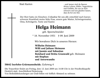 Traueranzeige von Helga Heimann von Tageszeitung