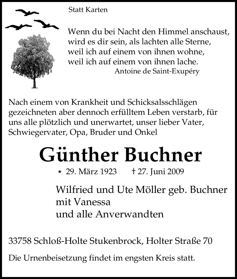  Traueranzeige für Günther Buchner vom 30.06.2009 aus Tageszeitung