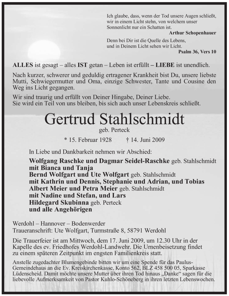  Traueranzeige für Gertrud Stahlschmidt vom 16.06.2009 aus Tageszeitung