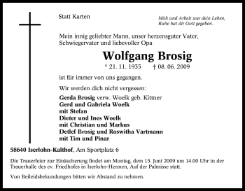 Traueranzeige von Wolfgang Brosig von Tageszeitung
