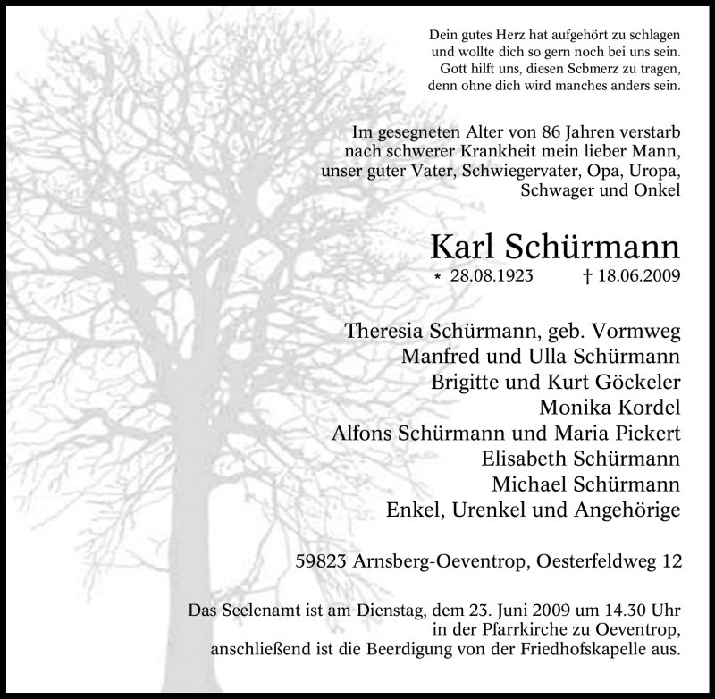  Traueranzeige für Karl Schürmann vom 20.06.2009 aus Tageszeitung