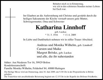 Traueranzeige von Katharina Linnhoff von Tageszeitung