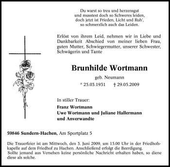 Traueranzeige von Brunhilde Wortmann von Tageszeitung