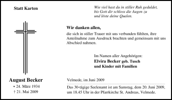 Traueranzeige von August Becker von Tageszeitung
