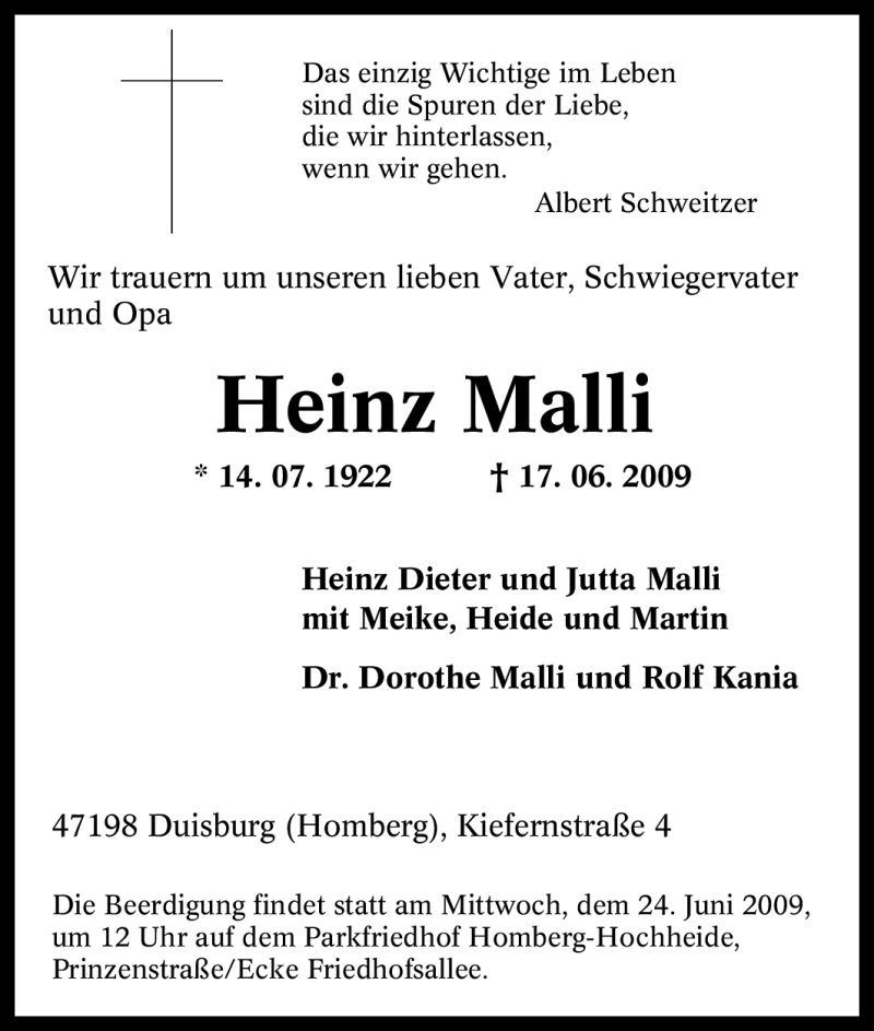  Traueranzeige für Heinz Malli vom 20.06.2009 aus Tageszeitung