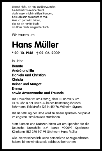 Traueranzeige von Hans Müller von Tageszeitung