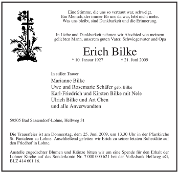 Traueranzeige von Erich Bilke von Tageszeitung