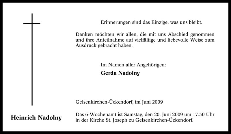  Traueranzeige für Heinrich Nadolny vom 17.06.2009 aus Tageszeitung