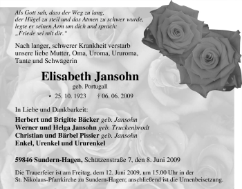Traueranzeige von Elisabeth Jansohn von Tageszeitung