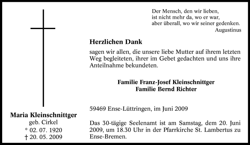  Traueranzeige für Maria Kleinschnittger vom 13.06.2009 aus Tageszeitung